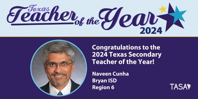Congratulations to <a href="/BryanISD/">Bryan ISD</a>'s Naveen Cunha on being named the 2024 Texas Secondary Teacher of the Year at today's <a href="/tasanet/">TASAnet</a> TASA Teacher of the Year luncheon. Your dedication to student learning and excellence in the classroom brings us great pride! <a href="/GCarrabineBryan/">Ginger Carrabine</a> <a href="/astrojack/">Naveen Cunha</a>