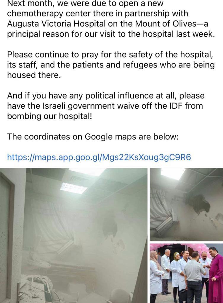 The Al-Ahli Baptist Hospital was bombed just two days before the massacre, resulting in injuries to four medical staff members and damage to the mammography and ultrasound sections. In response, the hospital administration took to Facebook, pleading with the Israeli IDF forces…