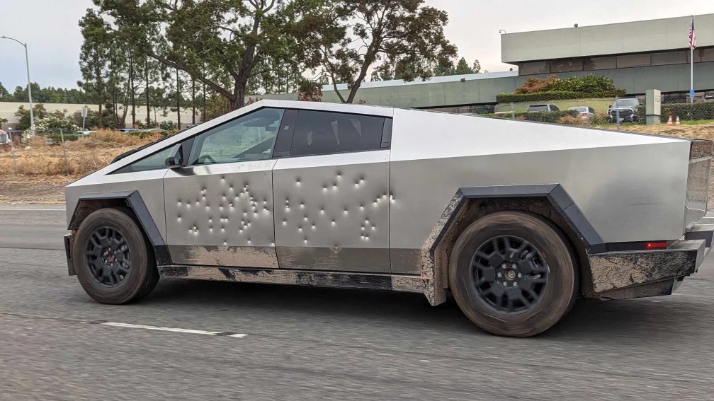 BREAKING: @tesla Cybertruck can handle Tommy Gun bullets. 📐👽💀🔥📸

Seen in Fremont.