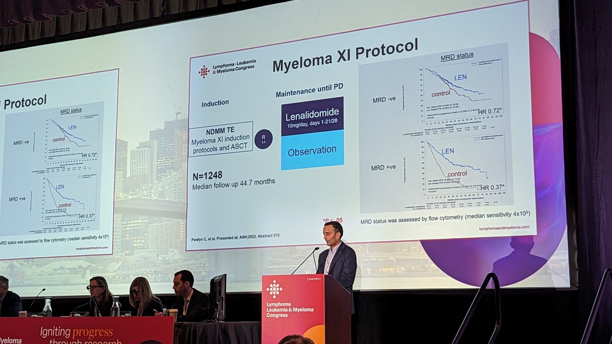 Myeloma XI: Len maintenance benefit was seen even in those with MRD neg, although net benefit was likely higher fro those with MRD pos, HR, and with shorter follow up. #LLMCongress2023