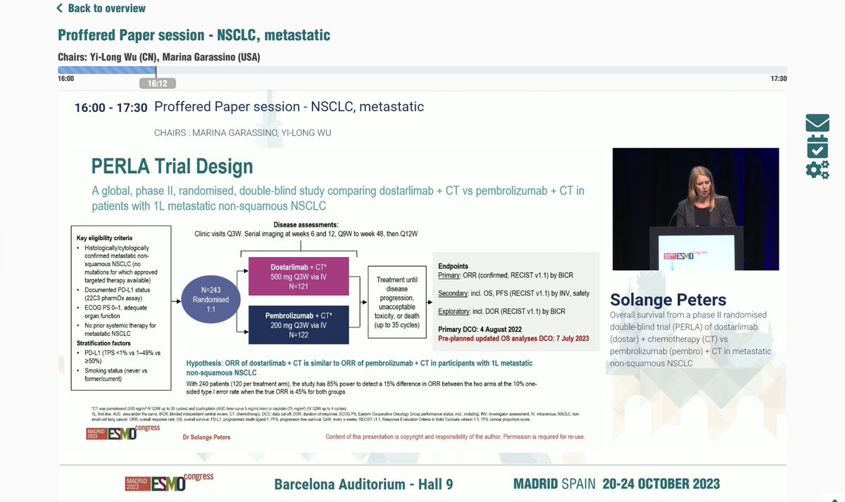 ShenduoLi's tweet photo. Great presentation and discussion of PERLA trial by Drs. Peters and Reguart. Exciting numerical OS advantage of dostarlimab+CT over pembrolizumab+CT 19.4 v 15.9m. However, was pembro+CT underperforming comparing to KN189, especially in PD-L1>50% subgroup? @myESMO #ESMO23 https://t.co/dlCeItwwpD