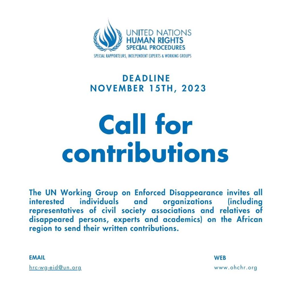 WGEID's tweet photo. 📢 The @WGEID will visit the @_AfricanUnion judicial and human rights organs this week. Participate in the call for contributions on ongoing initiatives to eradicate enforced disappearances in Africa - deadline extended to November 15th, don't miss it! https://t.co/iPuNZwnxwu https://t.co/FF4RgKdIuD