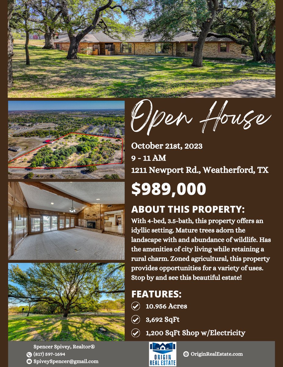 originretx's tweet photo. 🔑 Open House!
🏡 1211 Newport Rd., Weatherford
📅 Saturday, October 21st, 2023
⏰   9 - 11 AM

Spencer Spivey, Realtor®
Origin Real Estate
817-597-1694
spiveyspencer@gmail.com
https://t.co/K3JdNZ1HyT

#originretx #newlisting #forsaleinweatherford #parkercounty https://t.co/tG5UXgjppu