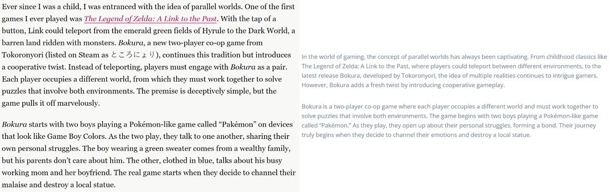ChallAcc's tweet photo. @Polygon Heard of GameIsHard? Well an Arthur Herring that works there has heard of you, and just ChatGPT'd your Bokura article and claimed it as their own. What scummy practice. Every paragraphs is a dumbed down version of what you wrote! https://t.co/phVo3vCACi
