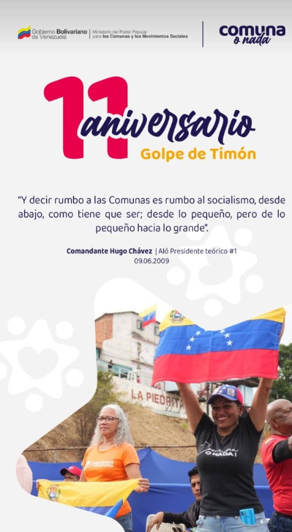 #20DeOct || Tal día como #hoy hace #11AñosGolpeDeTimon, nuestro Comandante Supremo, Hugo Chávez, dijo: <a href="/NicolasMaduro/">Nicolás Maduro</a>, te encomiendo esto como encomendaría mi vida: las #comunas, el Estado social de Derecho y de justicia.
#ComunaONada