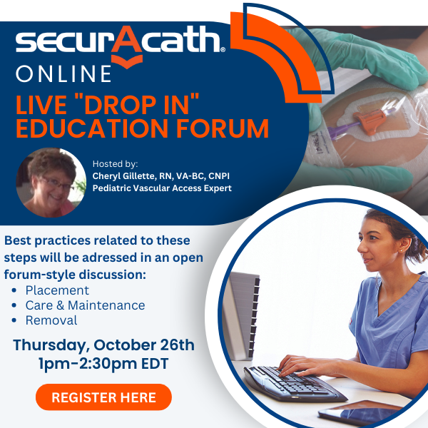 👉The next live SecurAcath "Drop In" Education Forum will have a Pediatric-Neonate focus👶 and is being hosted virtually💻 by Cheri Gillette RN, VA-BC, CNPI. Register now for this event taking place next Thursday at 1p EDT: bit.ly/3SdmMq5