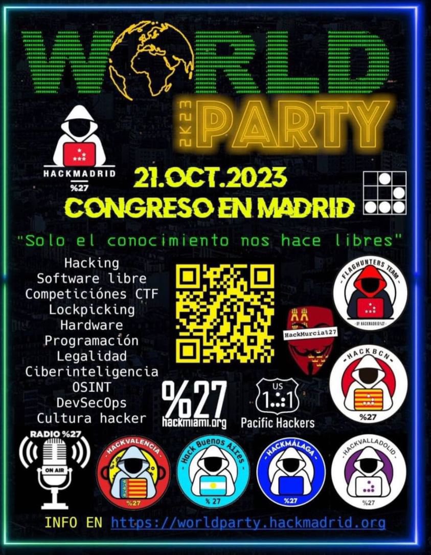 Gracias a <a href="/hackmadrid/">HackMadrid%27</a> tenemos UNA ENTRADA GRATIS para mañana, en La nave de Madrid: #WorldParty2k23

Si la queréis, tenéis que seguirnos a los dos, dar a like y retwittear este post.

¡Daré los resultados esta noche! ¡Corred insensatos!