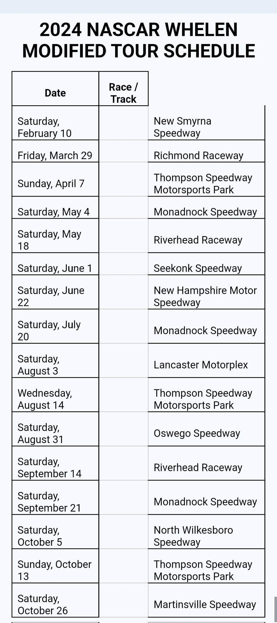 Nascar Whelen Modified Tour 2025 Schedule Amie