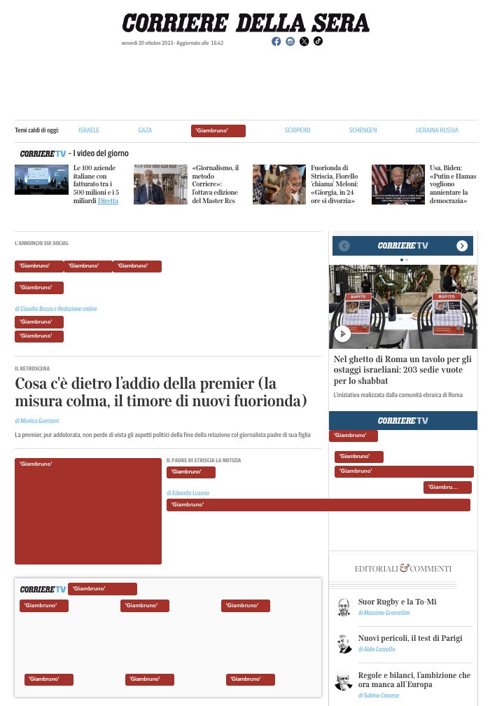 carlo_canepa's tweet photo. Ho nascosto gli articoli che parlano di “Giambruno” con un’estensione anti-spoiler su Google Chrome. Ecco come mi appaiono adesso le homepage di Repubblica, Corriere e Stampa: https://t.co/Frja7oiPNe