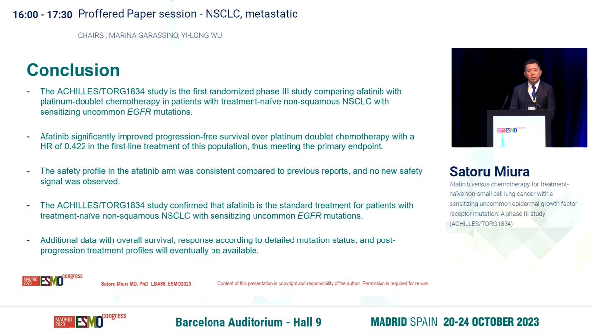 🔥ACHILLES/TORG1834
🎙️Dr. Satoru Miura
🎯PFS HR 0.422 (95%CI 0.256-0.694). The first phase III compares afatinib and platinum-based chemo in uncommon EGFR mut NSCLC.
✅Phase III RCT
✅Primary: PFS
✅mNSCLC with uncommon EGFR
✅jRCTs 031180175
#ESMO23 #LCSM @myESMO @OncoAlert