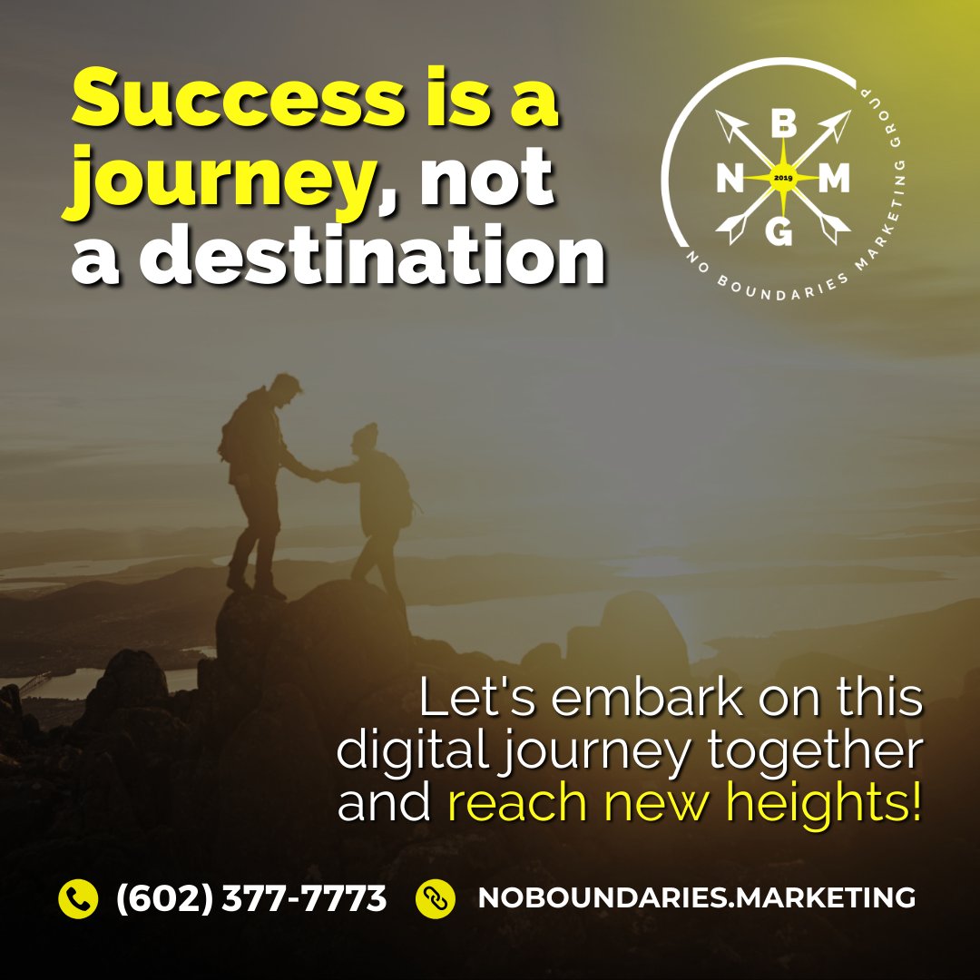 🚀 Success is a journey, not a destination. Let's embark on this digital journey together and reach new heights! 🌄🚀 #DigitalJourney #AchieveTogether

Ready to elevate your digital journey? We're here to guide. Dial us now! 🚀📞
☎️ (602) 377-7773
👉🏻 noboundaries.marketing