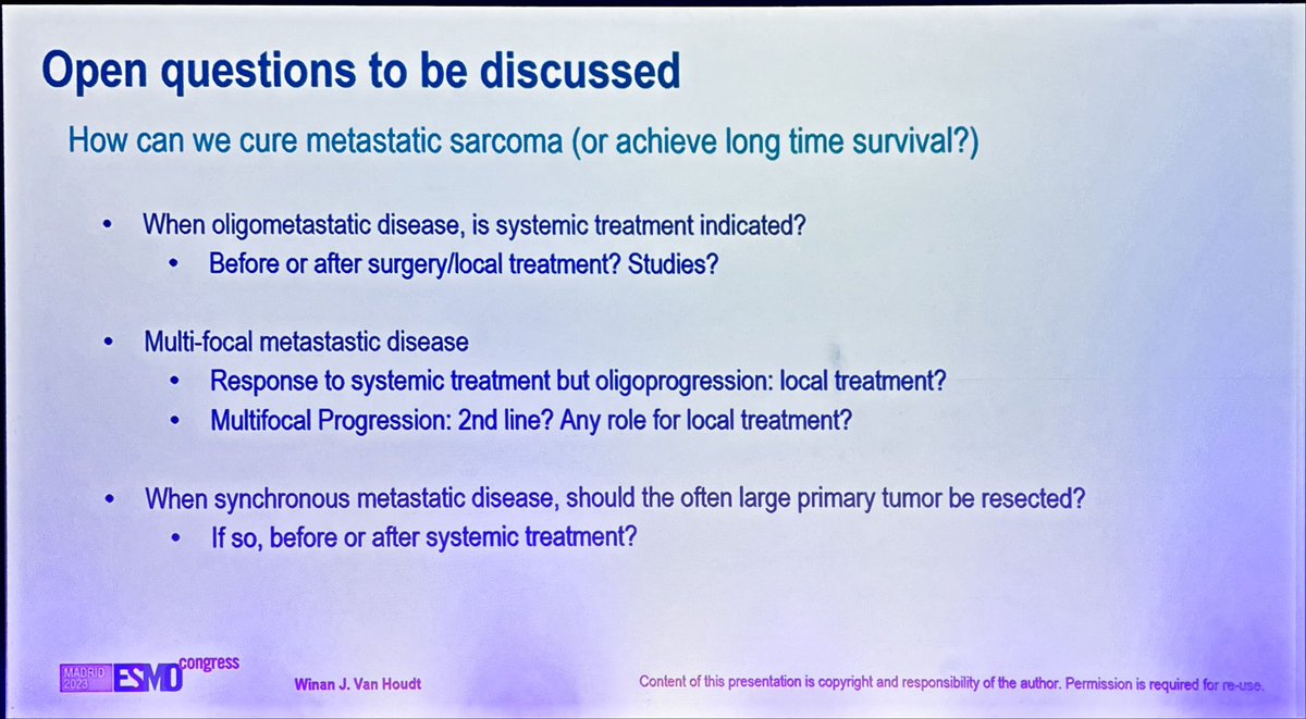 Can we cure metastatic #sarcoma? @WinanvanHoudt presents nice walk through of cases where cure or long term survival may be possible, variables to help inform decisions, treatment modalities & available data to guide #ESMO23 Looking forward to data coming at #CTOS2023