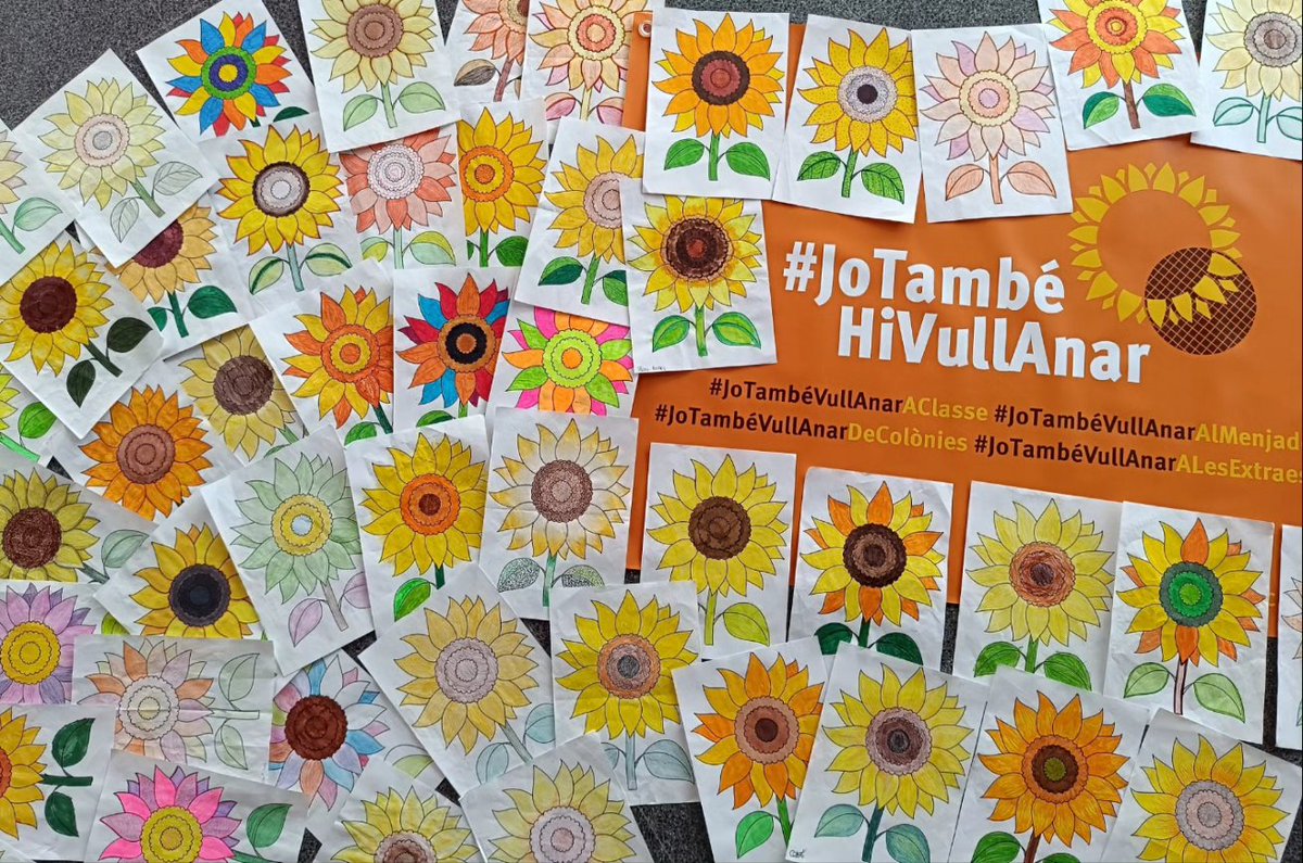 InstitutVRomana's tweet photo. Campanya #JoTambéHiVullAnar
Avui divendres 20 d'octubre ens solidaritzarem amb la campanya #JoTambéHiVullAnar que defensa el desplegament real del Decret d'Educació Inclusiva. Fem moure els girasols que ha pintat l'alumnat i lluïm la pancarta que han dissenyat des de l'#aFFaC. https://t.co/wfbvLtEgi4