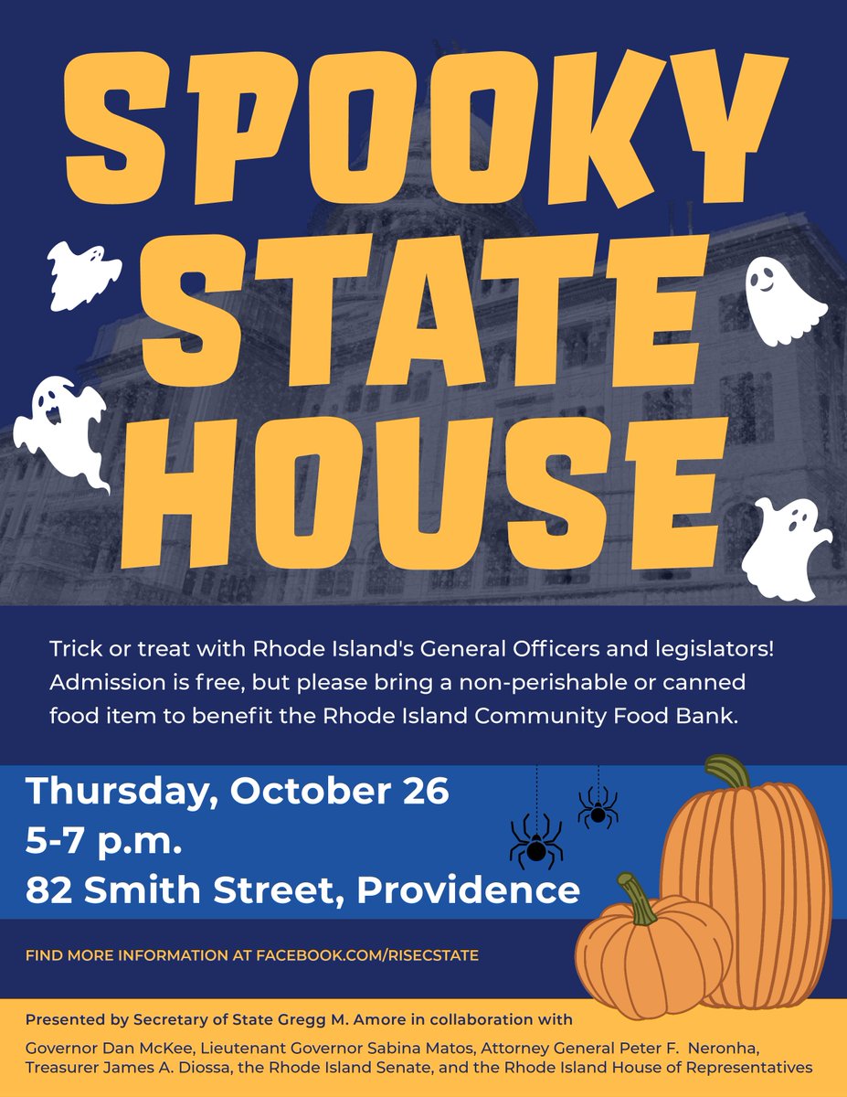 Join Rhode Island’s General Officers and legislators for a spooktacular night! The Spooky State House is Thursday, October 26 from 5 – 7 p.m. Wear your costumes and grab a bag for treats- this is a can’t miss event for Rhode Island families!