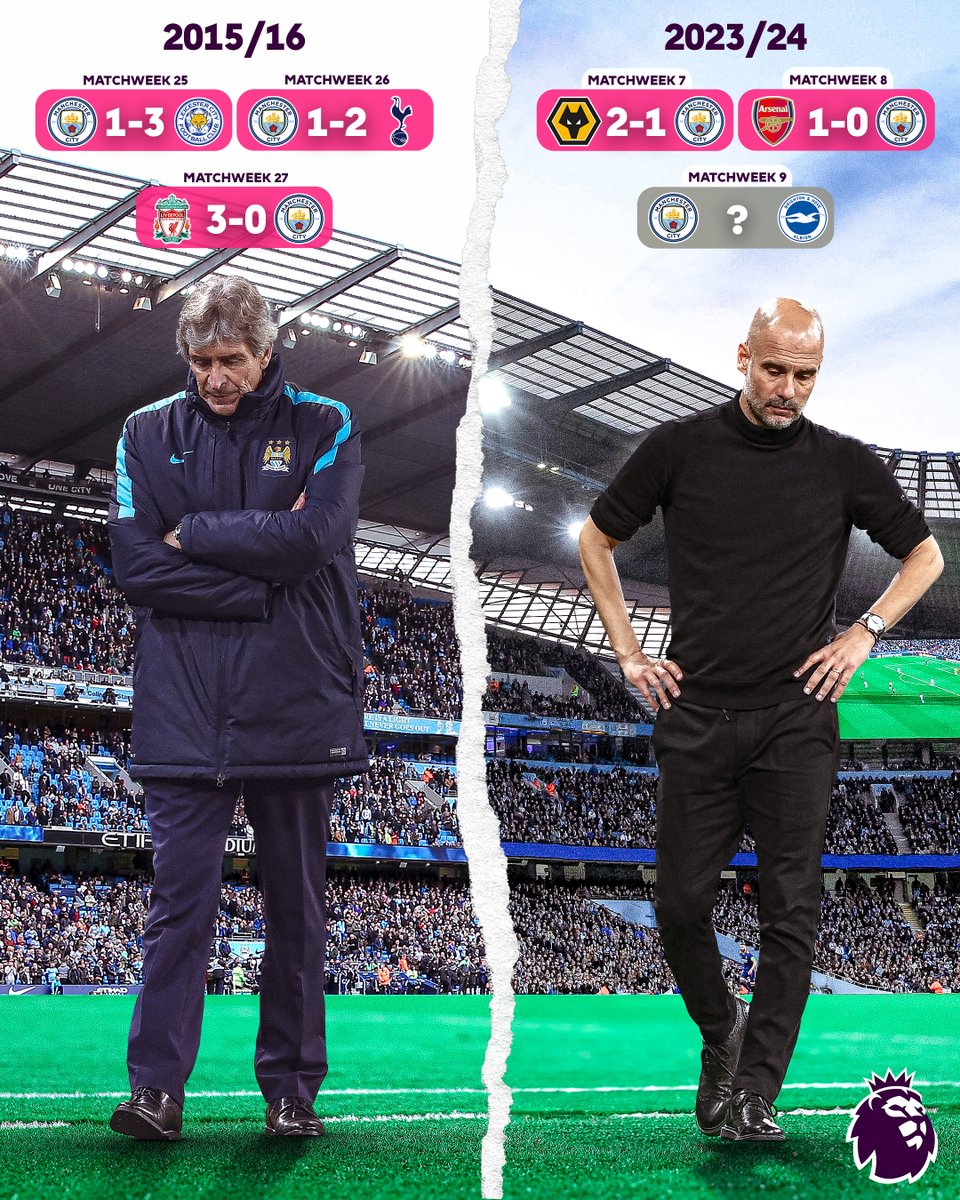 premierleague's tweet photo. The last time Man City lost three consecutive Premier League matches was eight seasons ago 👀

They host @OfficialBHAFC at Etihad Stadium today… https://t.co/pH2SuEHRt7