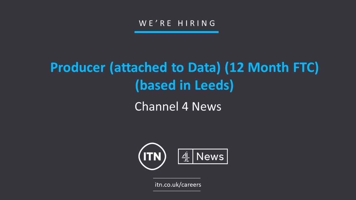 ITNCareers's tweet photo. We have a really exciting opportunity at @Channel4News as a Producer (attached to Data). This role is a 12 Month FTC and based in Leeds.
#Data #ITNCareers #DataProducer
Apply:
https://t.co/9KBPHePFaA https://t.co/riijLh6s9J