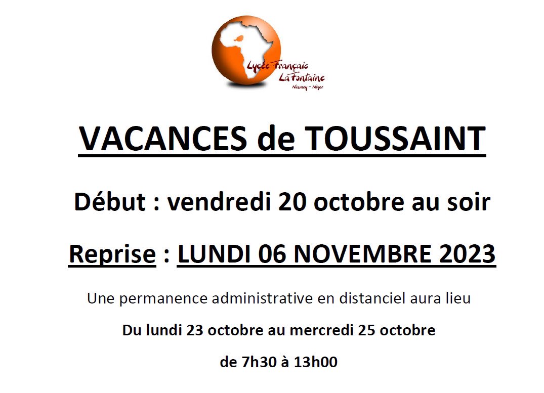 Le Lycée La Fontaine vous souhaite de bonnes vacances de la Toussaint 🍂
#aefe 
#LafNiamey 
#vacancesdetoussaint