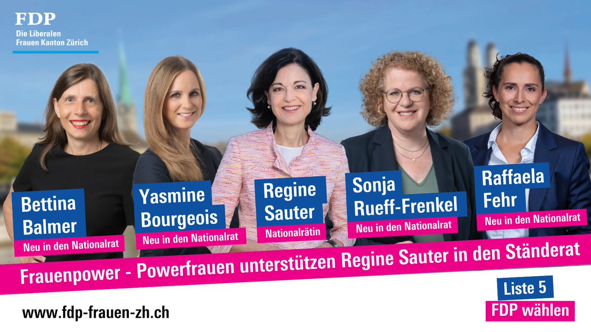 Schon gewählt? Diese fähigen FDP Frauen aus dem Kanton Zürich stellen sich am 22.10.23 für den Nationalrat zur Wahl und freuen sich, 2x auf der Liste zu stehen. Und: <a href="/regine_sauter/">Regine Sauter</a> in den Ständerat!

So geht bürgerlicher Frauenpower! ♀️💪

#WahlCH23 #FDP2023 #TeamFDP #fdp #fdpzh