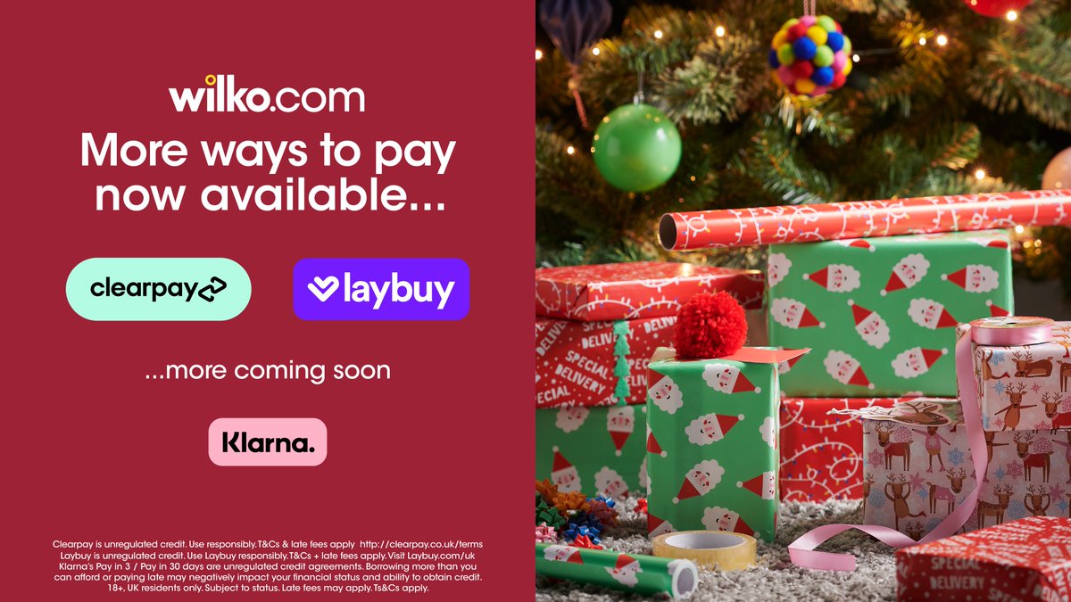 LoveWilko's tweet photo. You asked, we delivered 🎉 Shop your faves on https://t.co/9GmoPi78Zo and pay in a way that suits you. Clearpay and Laybuy available now... Klarna coming soon!

#Laybuy #Clearpay #onlineshopping #lovewilko https://t.co/s0jrp0nLyi
