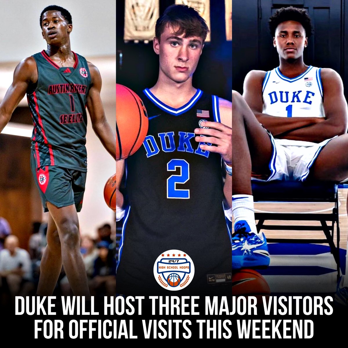 Duke and Jon Scheyer are set to host three major visitors on campus this weekend for their Countdown to Craziness:

5⭐️ Cooper Flagg (#1 in ESPN100)
5⭐️ VJ Edgecombe (#5 in ESPN100)
5⭐️ Pat Ngongba (#19 in ESPN100)

HUGE weekend at Cameron Indoor Stadium.
