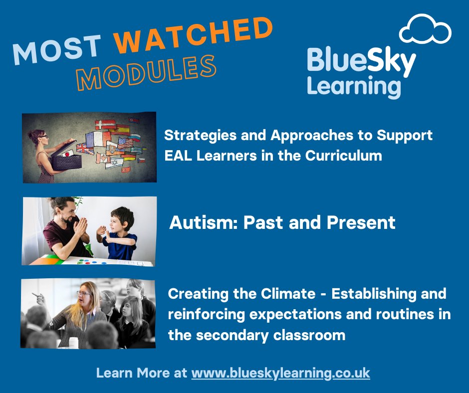 BlueSkyLearn's tweet image. Introducing our top modules on #BlueSkyLearning! Congratulations to @BifieldJonathan @RebeccaLeek_ &amp;amp; @Sue_Cowley on making the top 3 with their fascinating modules on #EALprovision, #AutismAwareness + inclusion &amp;amp; #SecondaryBehaviourManagement: blueskylearning.co.uk/subscribe