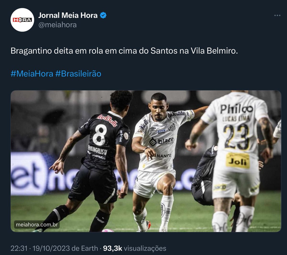 Jornal Meia Hora destaca vitória do Braga:

- Bragantino deita em rola em cima do Santos na Vila Belmiro.

📸 Reprodução