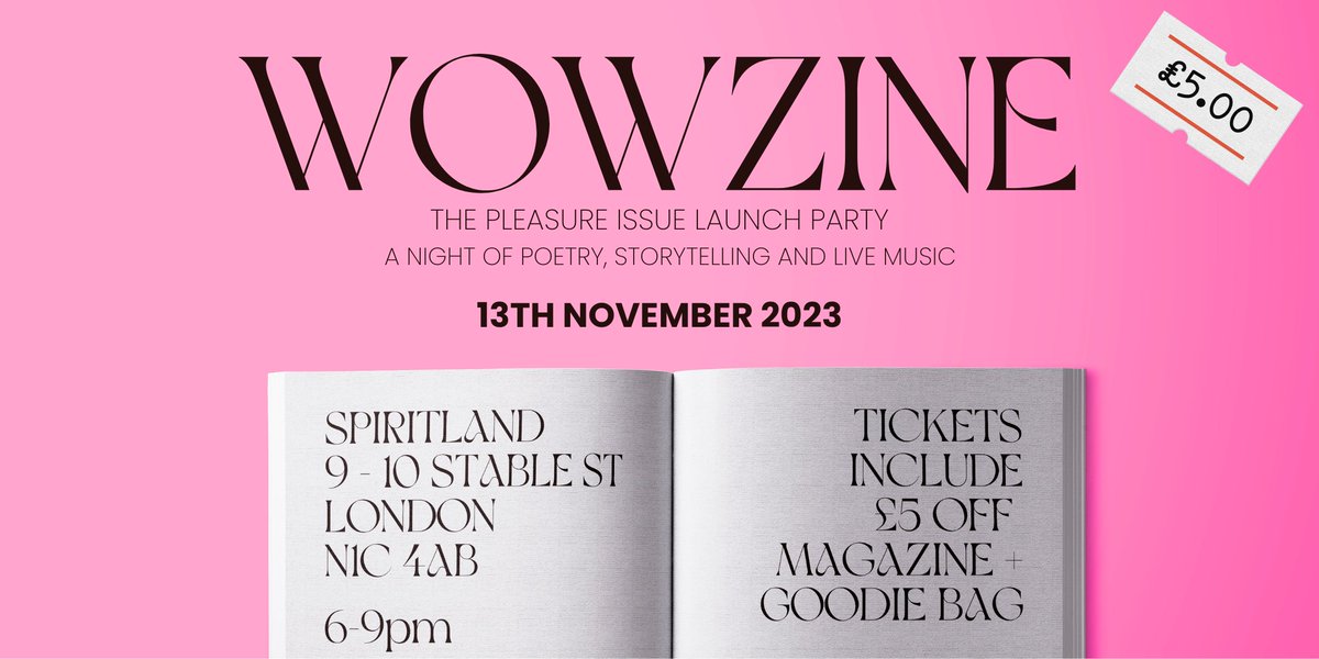 Celebrate our second WOWZINE Pleasure Issue with us💞

Join us on Mon 13 Nov, 6-9pm at <a href="/spiritland/">Spiritland</a> Kings Cross for an immersive and intimate night full of storytelling, poetry and live music✨

Book for £5 + £5 off the magazine! eventbrite.co.uk/e/wowzine-plea…