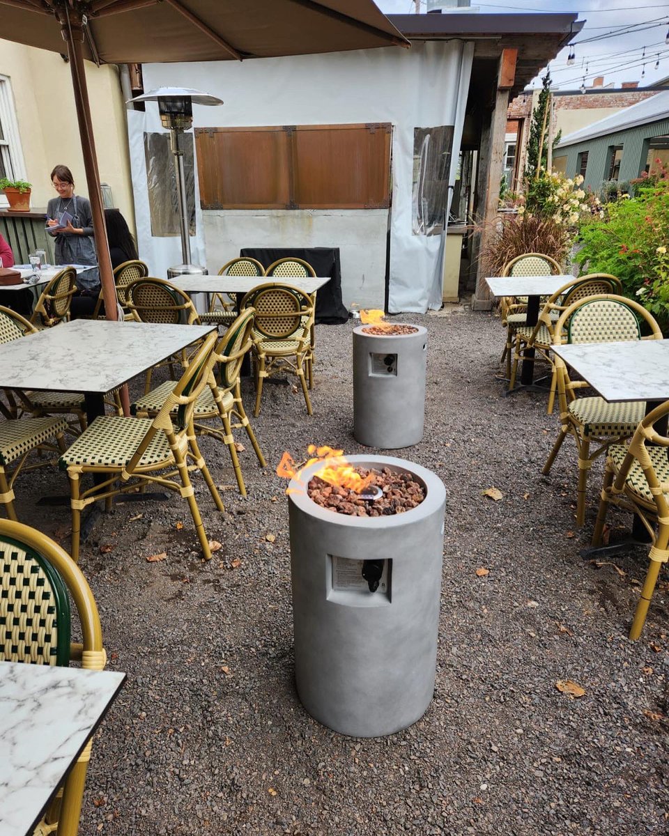 Our new heaters and fire pits are here to ensure the chill in the air is just another excuse to gather &amp; dine! Cheers to many more al fresco moments ☕️🍷🍂🔥