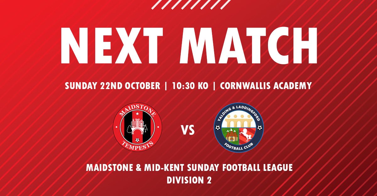 Back to league action as Tempests host Yalding in Div. 2

⚽️ <a href="/mmksfl/">Maidstone & Mid Kent Sunday Football League</a> Div 2
🆚 <a href="/YLFConline/">Yalding & Laddingford FC</a> Reserves
🕒 Sun 22nd October / 10:30 KO
🏟 Cornwallis Academy / ME17 4HX

Referee - S. Spashett

#WeAreTempests #SundayLeague @SELKGrassroots #MaidstoneTempests