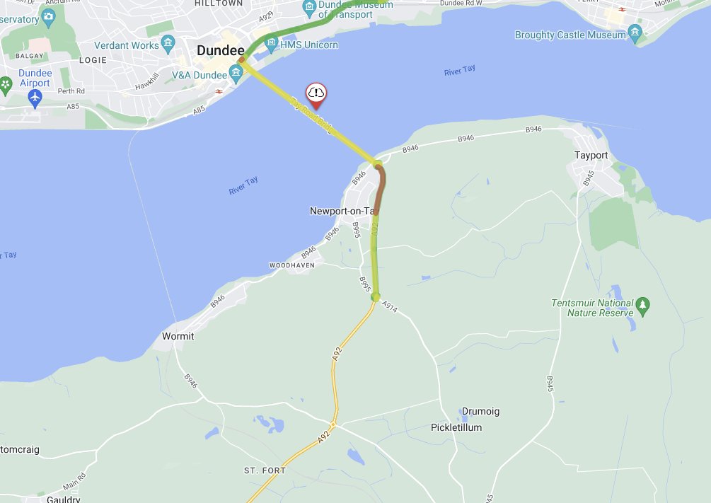 trafficscotland's tweet photo. NEW❗ ⌚ 16:03

#A92 Tay Road Bridge 

We would like to remind motorists the bridge is only OPEN to cars and single decker buses❗  

No trailers, roof boxes, tents, bicycles etc allowed to be attached to the cars. Non compliant vehicles will be turned.

@tay_road_bridge https://t.co/e3crFxMtQJ