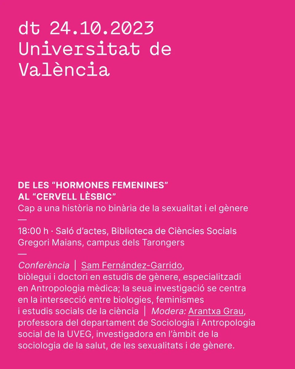 📆Dimarts 24 d'octubre
🕕18:00
📌Saló d'Actes - Biblioteca de Ciències Socials "Gregori Maians" (Campus de Tarongers)
📝Inscripcions: docs.google.com/forms/d/e/1FAI…