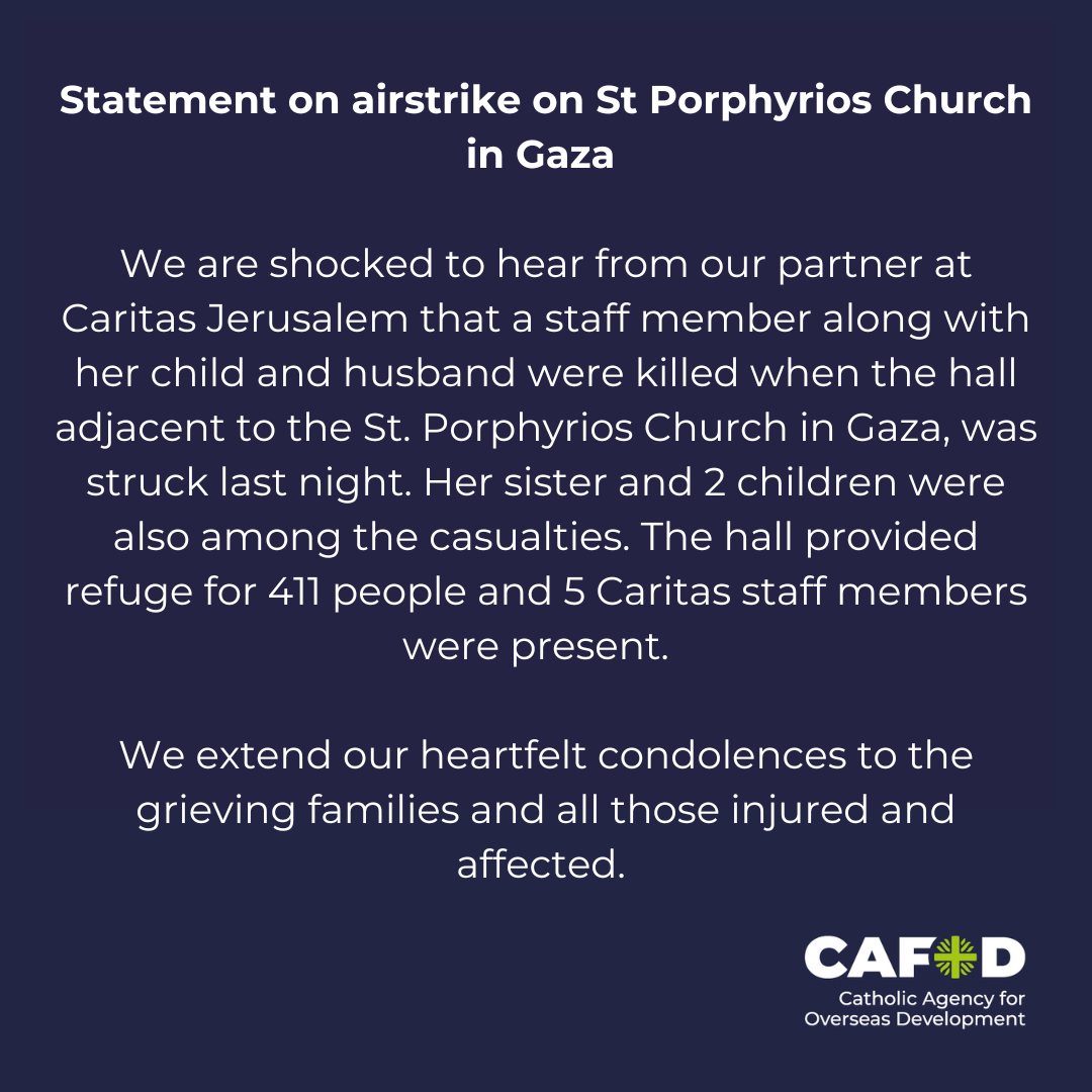 CAFOD's tweet photo. We are deeply saddened by the news from our partner Caritas Jerusalem that a staff member, her husband and child lost their lives yesterday. 

Please pray for all those who have lost loved ones, have been injured and displaced, and live in fear as the violence continues. https://t.co/Sil14ZQ8Vn