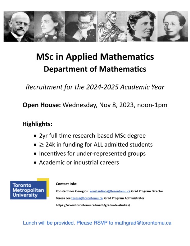 Are you considering a MSc in Applied Math next year? Please join our Open House on Wednesday, November 8! Come to learn about this great opportunity. All are welcome! #TMUMath #Mathematics