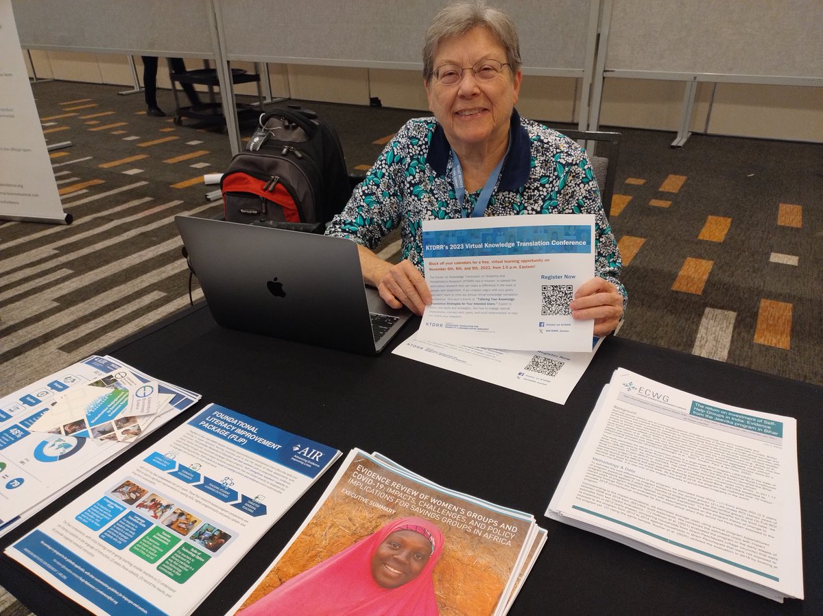 Joann Starks, Co-chair of the @CampbellReviews @DisabilityCG group and senior technical assistance consultant @KTDRR_Center @AIRInforms is here at #WWGS2023 in Ottawa, inviting all to register for the knowledge translation conference (online) in November: ktdrr.org/conference2023…