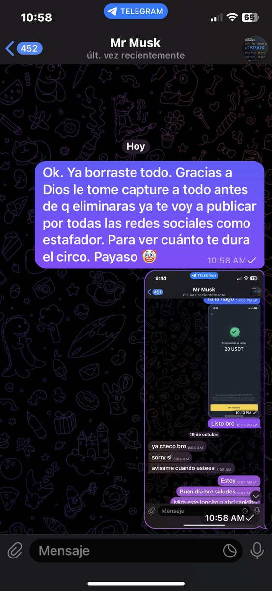 futurocrypt0's tweet photo. CUIDADO CON ESTE ESTAFADOR QUE ESTÁ POR TELEGRAN OFRECIENDO GRUPITOS VIP DE TRADING. AYUDEMOS A DIFUNDIR PARA Q OTRAS PERSONAS NO CAIGAN EN ESTAS ESTAFAS POR FAVOR. @adrig_iv @ladymarketok @MinimalTrader_ @ElGafasTrading @TradingLatino @iceuve @lacomdelacripto @futurocrypt0 https://t.co/A2tW3zL3R9