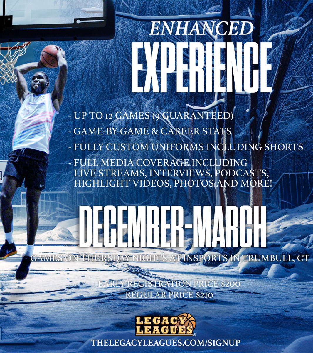 Legacy_Leagues's tweet photo. CONNECTICUT, WE’RE BACK! 🏀

Register your team now, or join our Free Agent wait list! #BuildYourLegacy on the court this Winter for just $50 down per player! Learn more and register your squad today at https://t.co/HbG2FgMKS9 https://t.co/kPDWaGjErI