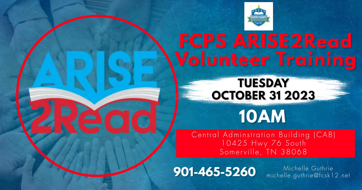 FCPSchoolsTN's tweet photo. REMINDER: ARISE2Read Volunteer Training October 31. Don't miss out. Volunteers must complete training before they can volunteer with ARISE2Read at our FCPS Elementary schools.
Click the link &amp; register!
https://t.co/WiqBrTG1dU
Michelle Guthrie @ 901-465-5260 ex:7012 https://t.co/BY3vloA84f