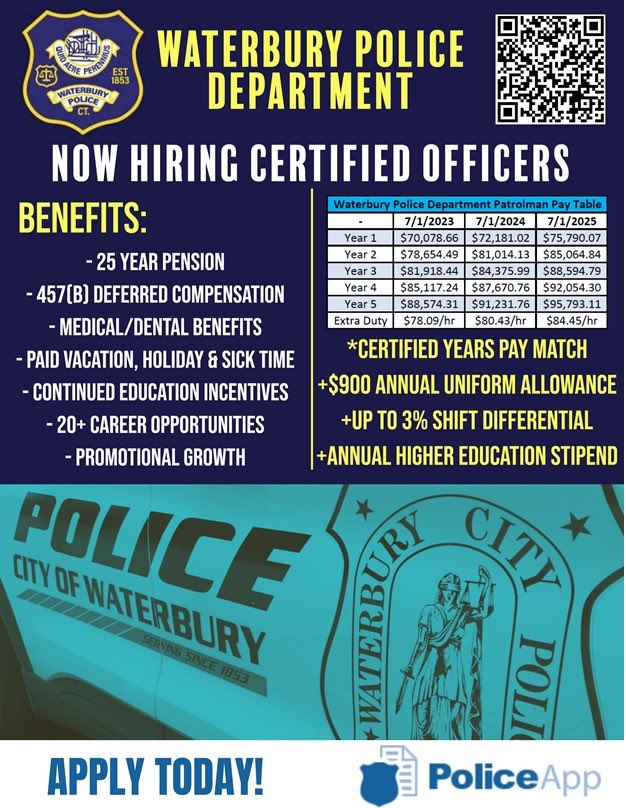 Are you looking to join the ranks of WPD? The Waterbury Police Department is now hiring Entry Level and Certified Officers (Lateral Transfers). 

Apply today at apply.wtbypd.org #waterburypd #waterburyct #ctjobs 🚔🚔