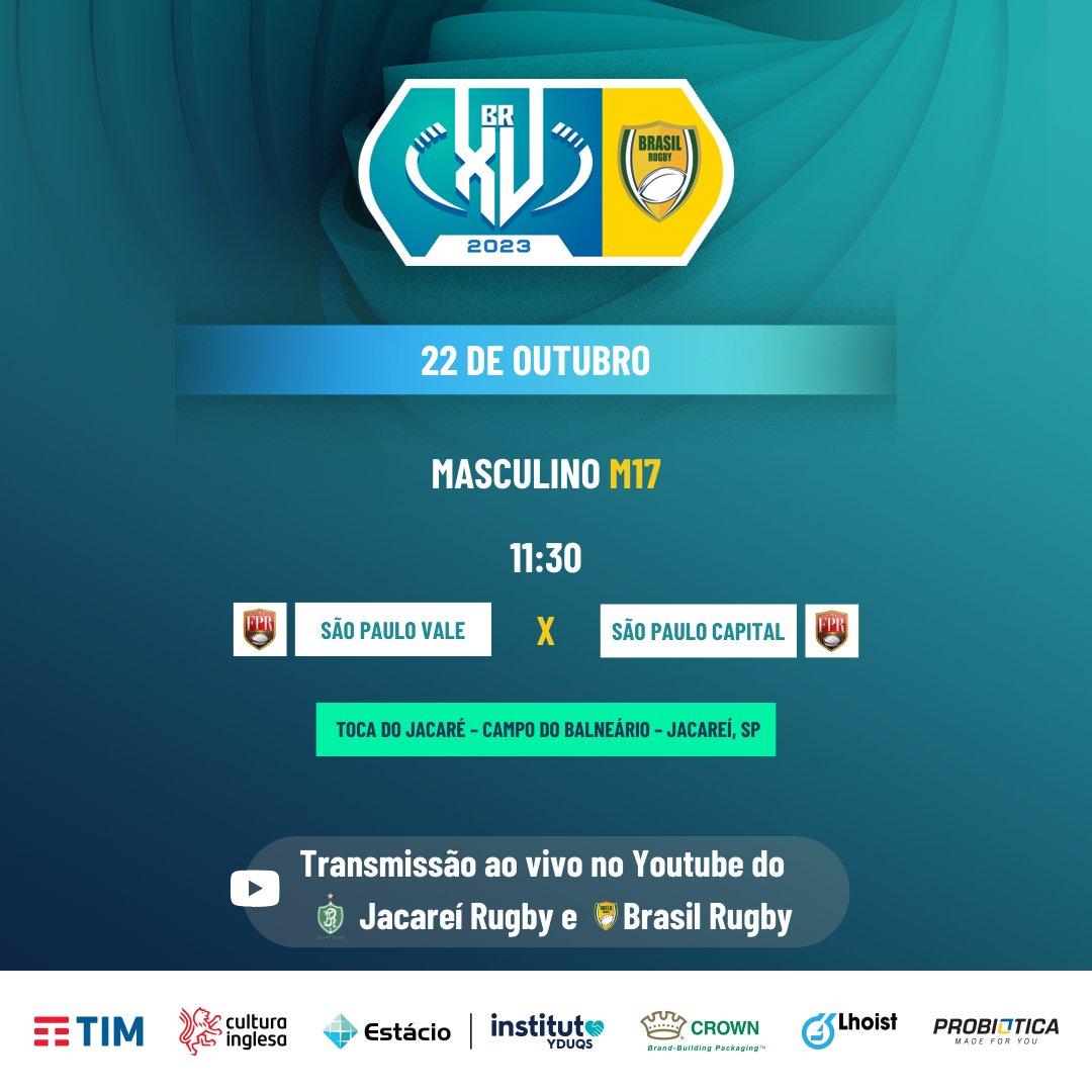 brasilrugby's tweet photo. Vem aí a grande final do BR XV M17, o Campeonato Brasileiro Masculino Sub 17 de Seleções Regionais de Rugby XV.
Duas Seleções da @fprugby em campo:
Vale contra Capital no campo do @jacareirugby
Quem leva essa?
Transmissão ao vivo no YouTube do Jacareí #BrasilRugby #BRXV https://t.co/p2N3Uk2opi