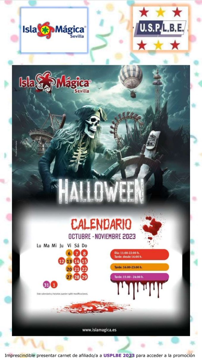 Buenas tardes compañer@s
Se acerca Halloween 👻🎃.
Recordar, tenemos un 𝟯𝟱 % 𝙙𝙚 𝙙𝙚𝙨𝙘𝙪𝙚𝙣𝙩𝙤 para disfrutar con la familia de un día inolvidable en <a href="/islamagica/">Isla Mágica</a>
Os dejamos detalles de está experiencia
Contacta con tu delegad@ sindical 
𝙐𝙎𝙋𝙇𝘽𝙀, 𝘼𝙁𝙄̀𝙇𝙄𝘼𝙏𝙀