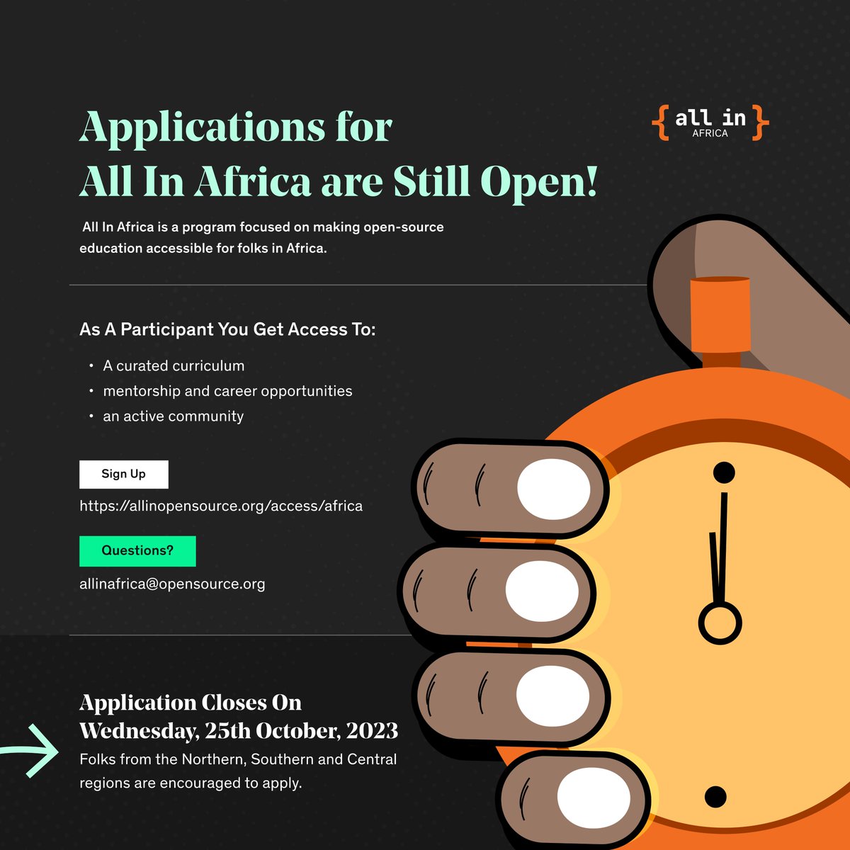 Applications for the All In Africa program is still open for folks in Northern, Southern and Central #Africa. Read more and sign up here ➡️ github.blog/2023-10-09-ski…