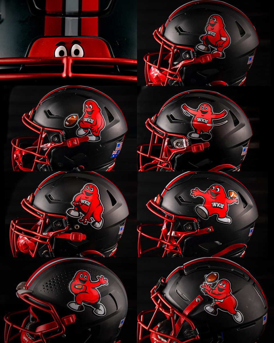 On3's tweet photo. Western Kentucky's helmets for Tuesday vs. Liberty are FIRE🔥

Each position group will wear a different helmet decal of Big Red👀

(via @WKUFootball) 

https://t.co/5eL8nxQwv1 https://t.co/YbnpxLtAL4