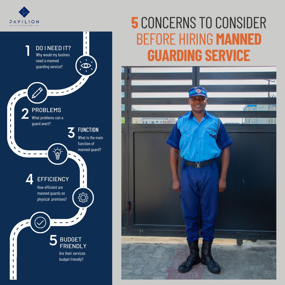 See 5 common questions our prospects ask when we engage with them on manned guarding service.

zurl.co/gKer 

FridayFeeling PAKvsAUS  Biden EndSARS MrReal  
#paviliontechnologylimited #physicalmannedsecurity #physicalsecurity #securityguards #guardingservices