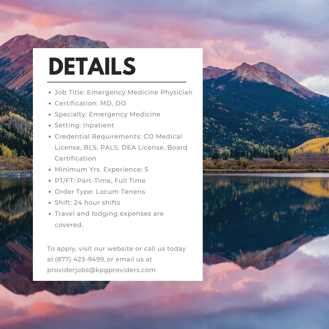 Calling all Emergency Medicine Physicians! 🚨 Exciting opening in beautiful Colorado. MD/DO, 5+ years' experience, full-time and part-time options, 24-hour shifts. With travel and lodging covered. Join us now and make a difference! 🏥🏔️ #MedJobs #ColoradoHealthcare