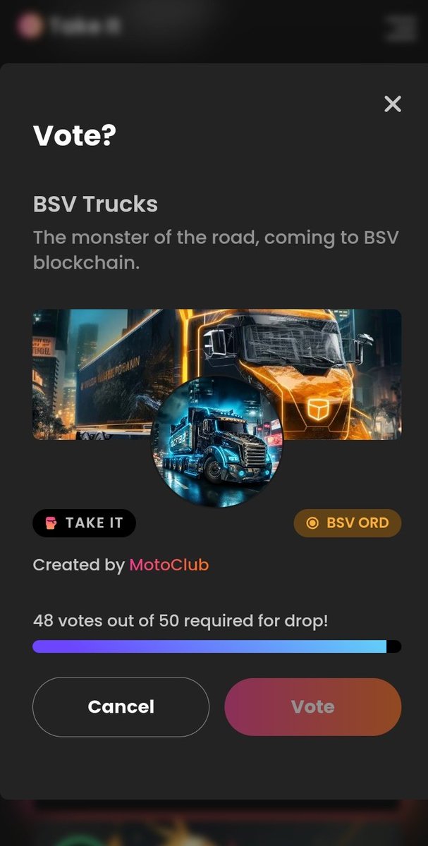 TheMotoClub3000's tweet photo. Only 2 votes needed to reach the main stage 👀

Help us reach it 👋

BSV Trucks on @TakeItNFT https://t.co/HbOLLLfHUR