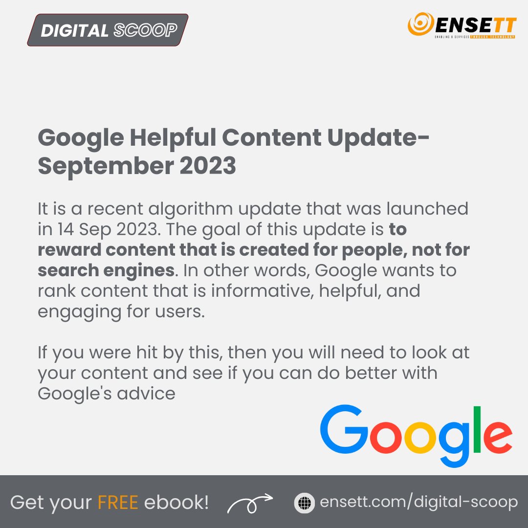 ensettdotcom's tweet image. Google Helpful Content Update: Make sure your content is for people, not search engines.

Get your FREE Premium eBooks:
ensett.com/digital-scoop/

#GoogleHelpfulContentUpdate #SEO #ContentMarketing