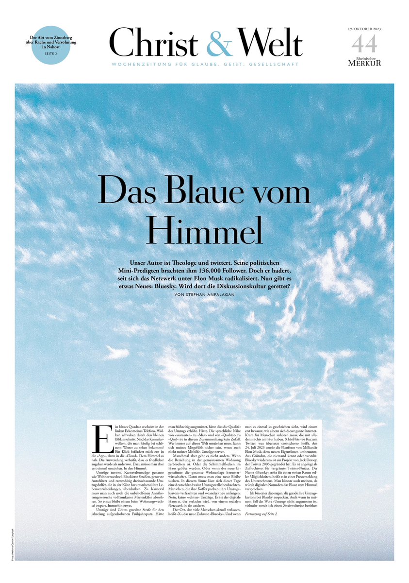 georgloewisch's tweet photo. Der neue @DIEZEIT @christundwelt -Titel handelt von Twitter, X und Bluesky: @stephanpalagan hat einen Essay geschrieben über  die Anziehungskraft des Social Web, den traurigen Aufstieg von Hass und Hetze und die erdrückende Kuscheligkeit im neuen Himmel.

1/3 https://t.co/0IH0M4cwDH