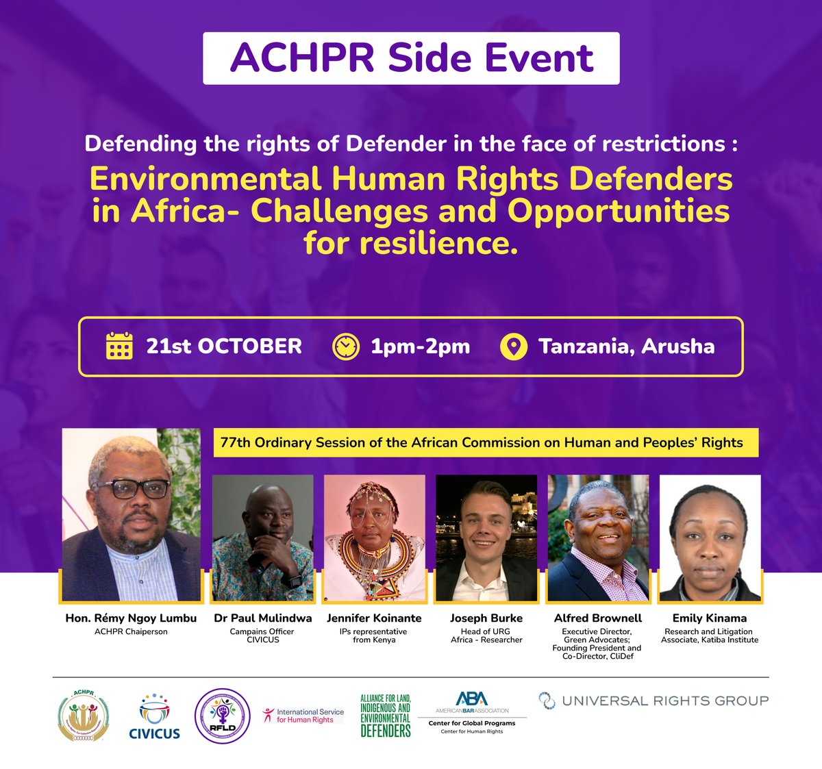 🌍How can we empower grassroots organisations to mobilise for environmental rights in Africa and support the Environmental Rights Africa movement?

Find out from our panellists at this side event co-sponsored by @ISHR_global at #ACHPR77⤵️
🗓️21 Oct
⏰13h-14h UTC+3
📍Arusha ICC, 🇹🇿