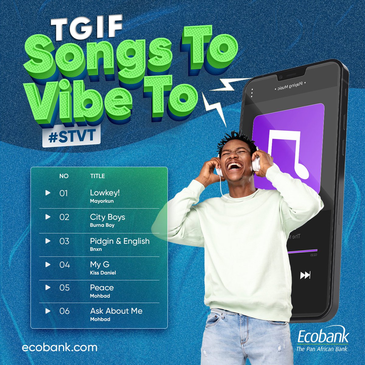 ecobank_nigeria's tweet photo. Fridays are about unwinding from a busy week.
Here are some nice songs to keep you in that right mood, because thank God it’s Friday!

#TGIF
#STVT
#ecobankthepanafricanbank https://t.co/MxP16iNULM