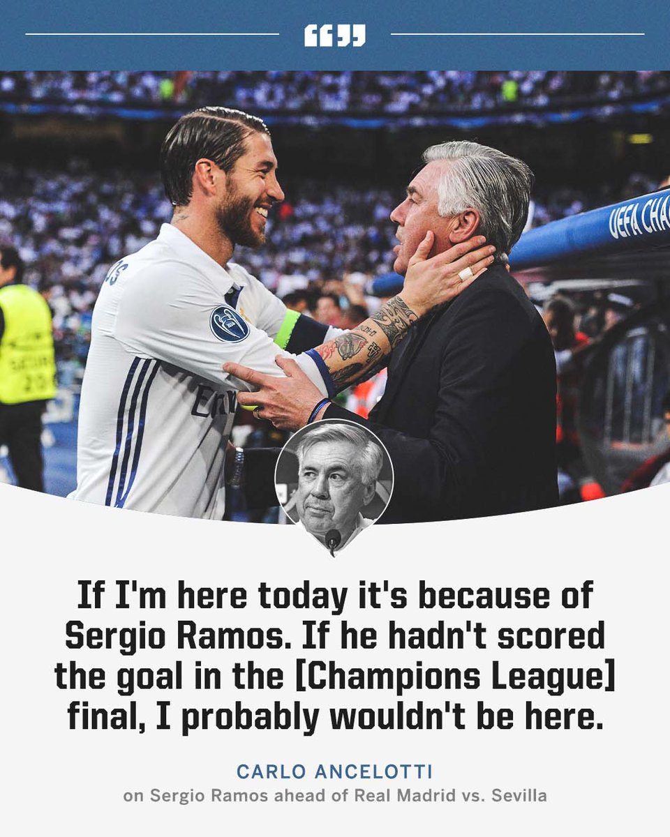 ESPNFC's tweet photo. Carlo Ancelotti says he wouldn't be Real Madrid manager today if it weren't for Sergio Ramos ❤️ https://t.co/EAyB2aYecz
